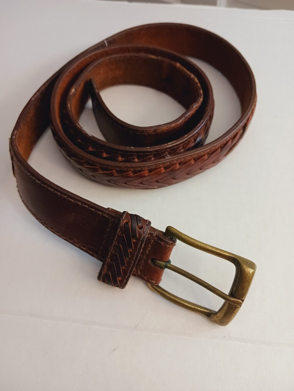 Vintage Woven Center Leather Belt Brown With Solid Brass Buckle , 46in Long